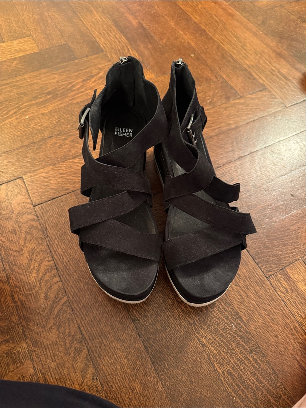 Eileen Fisher Black Suede Crisscross Wedge Sandals